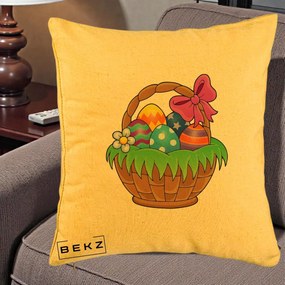 Perna Decorativa Cos cu Oua de Pasti Colorat, 40x40 cm, Galben, Husa Detasabila, Perna Inclusa, BEKZ®