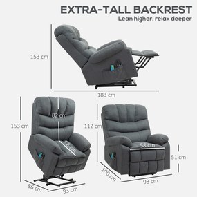 HOMCOM Fotoliu de ridicare, fotoliu electric de relaxare cu funcție de masaj, fotoliu capitonat cu funcție de ridicare, oțel, material textil, Gri | Aosom Romania