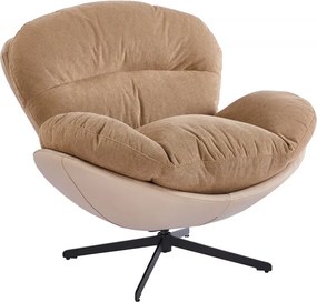 Fotoliu Lounge Rotativ 360° cu Pernă Extra Confort, Tapiterie Linen + PU, Bază Metalică Neagră, Design Modern, Maro