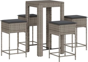vidaXL Set mobilier bar de grădină, cu perne, 5 piese, gri, poliratan