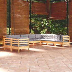 3096910 vidaXL Set mobilier grădină cu perne, 10 piese, gri, lemn masiv pin