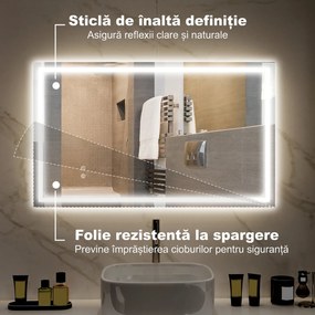 HOMCOM Oglindă de Baie Iluminată cu Lumini LED Reglabile și Strat Anti-Condens, 100x60 cm, Transparent | Aosom Romania
