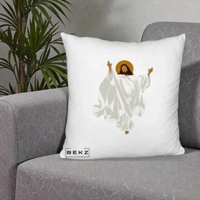 Perna Decorativa Iisus Hristos Invierea Silueta Minimalista, 40x40 cm, Alb Pufos, Husa Detasabila, Perna Inclusa, BEKZ®
