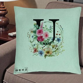 Cadou Personalizat - Perna Personalizata Monogram Litera U cu Flori Acuarela, 40x40 cm, Verde Menta, Husa Detasabila, Perna Inclusa, BEKZ®
