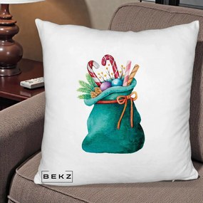 Perna Decorativa Saculet Cadouri Mos Craciun Acuarela Verde, 40x40 cm, Alb Pufos, Husa Detasabila, Perna Inclusa, BEKZ®