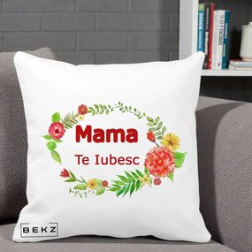 Cadou pentru Mama - Perna Personalizata Mama Te Iubesc Flori Rosii, 40x40 cm, Alba Mata, Husa Detasabila, Perna Inclusa, BEKZ®