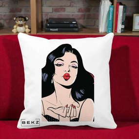Perna Decorativa Femeie Pop-Art Kiss, 40x40 cm, Alba Mata, Husa Detasabila, Perna Inclusa, BEKZ®