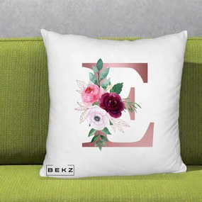 Cadou Personalizat - Perna Personalizata Monograma Rose Gold Litera E, 40x40 cm, Alb Pufos, Husa Detasabila, Perna Inclusa, BEKZ®