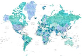 Harta Aquamarine and blue watercolor detailed world map, Blursbyai