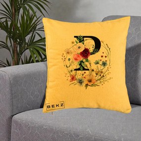 Cadou Personalizat - Perna Personalizata Monogram Litera P cu Flori Acuarela, 40x40 cm, Galben, Husa Detasabila, Perna Inclusa, BEKZ®