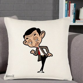 Perna Personalizata Mr. Bean Caricatura, 40x40 cm, Crem Reliefat, Husa Detasabila, Perna Inclusa, BEKZ®