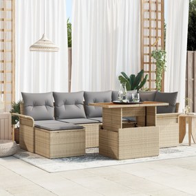 vidaXL Set de dining pentru grădină, 7 piese, cu perne, bej, din rattan poli și acacia.