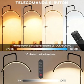 HOMCOM Lampă de Podea LED cu Cap Semilună, Înălțime și Temperatură de Culoare Reglabile, Telecomandă, Negru | Aosom Romania