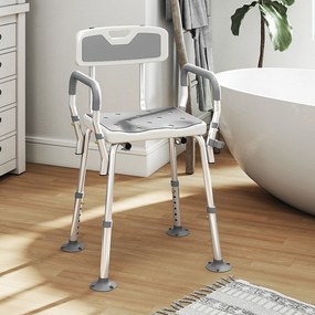 HOMCOM Taburet/Scaun de duș ergonomic înălțime reglabilă picioare antiderapante 56,5 x 53,5 x 87 cm alb și gri | Aosom Romania