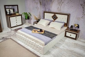 Dormitor Riga, culoare nuc / alb, cu dulap 200 cm, comoda si 2 noptiere
