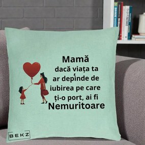 Cadou pentru Mama - Perna Personalizata Mama Nemuritoare cu Bebelus Kawaii, 40x40 cm, Verde Menta, Husa Detasabila, Perna Inclusa, BEKZ®