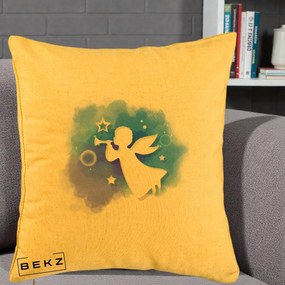 Perna Decorativa Inger cu Trompeta Albastru, 40x40 cm, Galben, Husa Detasabila, Perna Inclusa, BEKZ®