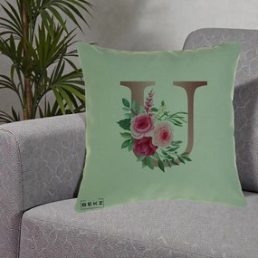 Cadou Personalizat - Perna Personalizata Monograma Rose Gold Litera U, 40x40 cm, Verde, Husa Detasabila, Perna Inclusa, BEKZ®
