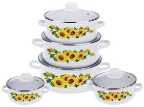 Set de gătit (10 Piese), Vase emailate, Capace din Sticlă termorezistentă, Capacități 4 - 1 Litri, Bază groasă, Model Sun Flower (Multicolor)