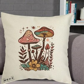 Perna Decorativa Ciuperci Boho Multicolore, 40x40 cm, Ecru, Husa Detasabila, Perna Inclusa, BEKZ®
