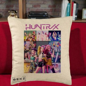 Perna Personalizata K-pop HUNTRX Colaj Animat Foto Grup, 40x40 cm, Bej, Husa Detasabila, Perna Inclusa, BEKZ®