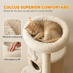 PawHut Ansamblu Joacă Pisici cu Sisal, Turn Multinivel 90 cm cu Culcuș și Platforme, 55x39x90 cm, Bej | Aosom Romania