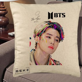 Perna Personalizata K-pop BTS Jimin Portret Artistic Multicolor cu Autograf, 40x40 cm, Bej, Husa Detasabila, Perna Inclusa, BEKZ®