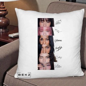 Perna Personalizata K-pop KATSEYE Semnaturi fara Foto, 40x40 cm, Alb Pufos, Husa Detasabila, Perna Inclusa, BEKZ®