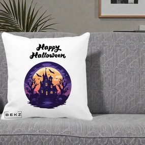 Perna Decorativa Happy Halloween Casa Bantuita Violet, 40x40 cm, Alba Mata, Husa Detasabila, Perna Inclusa, BEKZ®