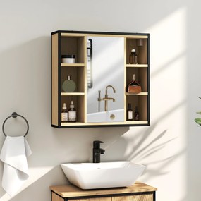 HOMCOM Dulap de perete baie cu oglindă, 52 x 24,5 cm cu 6 compartimente deschise și raft reglabil, stejar | Aosom Romania