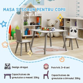 ZONEKIZ Set Masă și 2 Scaune pentru Copii de 3-8 Ani cu Desene de Animale, 60x60x44 cm, Gri | Aosom Romania