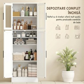 HOMCOM Dulap Baie 170 cm, Depozitare Independentă cu Uși din Sticlă și Rafturi Reglabile, Alb | Aosom Romania