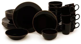 Set de veselă, 30 piese, negru/auriu, din ceramică vitrificată
