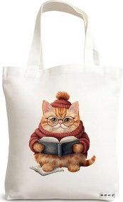 Sacosa de Panza pentru Cumparaturi, Geanta Tote, model Reading cat 1 38 x 34.5 cm, Alba, BEKZ®