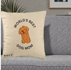 Cadou pentru Iubitorii de Caini - Perna Personalizata World's Best Dog Mom, 40x40 cm, Bej, Husa Detasabila, Perna Inclusa, BEKZ®