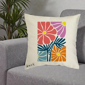 Perna Decorativa Flori Grafice Roz-Orange-Albastru, 40x40 cm, Ecru, Husa Detasabila, Perna Inclusa, BEKZ®
