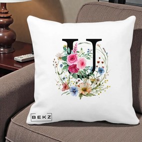 Cadou Personalizat - Perna Personalizata Monogram Litera U cu Flori Acuarela, 40x40 cm, Alba Mata, Husa Detasabila, Perna Inclusa, BEKZ®
