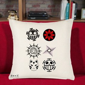 Perna Personalizata Simboluri Anime Mix - Naruto One Piece, 40x40 cm, Crem Reliefat, Husa Detasabila, Perna Inclusa, BEKZ®