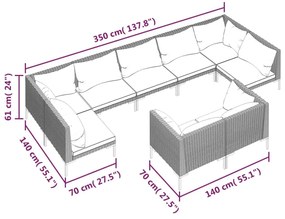 Set mobilier de gradina cu perne, 9 piese,gri inchis, poliratan 4x colt + 5x mijloc, 1