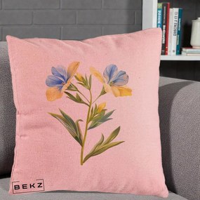 Perna Decorativa Botanica Frezie Galbena si Albastra, 40x40 cm, Roz, Husa Detasabila, Perna Inclusa, BEKZ®