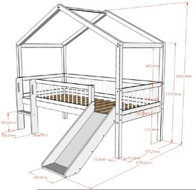 Pat Casă Înălțat Forrest Beech 90x200 cm, pentru Camera Copii, din Lemn de Fag Lăcuit Alb, cu Tobogan și Sertare – Vipack