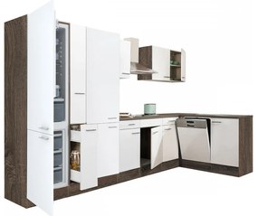 Mobilă de bucătărie de colț Yorki 370, corp din stejar Yorki, față alb satinat, dulap cu rafturi și frigider congelator inferior