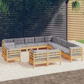 3096958 vidaXL Set mobilier de grădină cu perne, 13 piese gri, lemn masiv pin