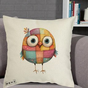 Perna Decorativa Pasare Patchwork Colorata, 40x40 cm, Ecru, Husa Detasabila, Perna Inclusa, BEKZ®