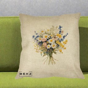 Perna Decorativa Buchet Camp Acuarela Margarete-Lavanda, 40x40 cm, Crem, Husa Detasabila, Perna Inclusa, BEKZ®