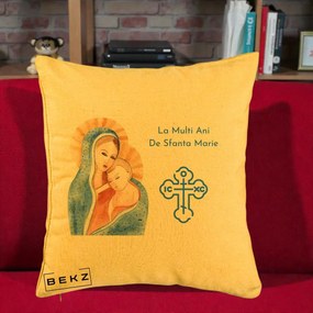 Cadou de Onomastica - Perna Personalizata Sfanta Marie Icoana Acuarela, 40x40 cm, Galben, Husa Detasabila, Perna Inclusa, BEKZ®