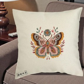 Perna Decorativa Fluture Boho Floral, 40x40 cm, Ecru, Husa Detasabila, Perna Inclusa, BEKZ®