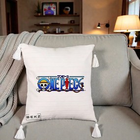 Perna Personalizata One Piece Clasic Albastru, 40x40 cm, Bej cu Franjuri, Husa Detasabila, Perna Inclusa, BEKZ®