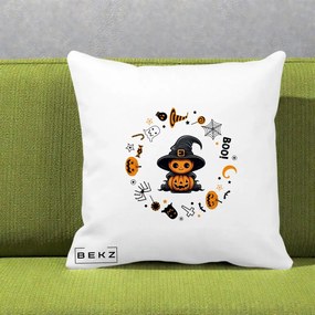 Perna Decorativa Halloween Dovleac Vrajitor Boo cu Simboluri, 40x40 cm, Alba Mata, Husa Detasabila, Perna Inclusa, BEKZ®