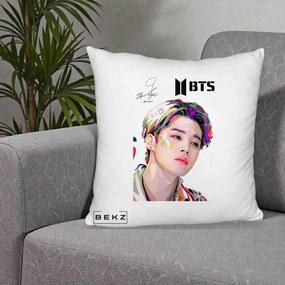 Perna Personalizata K-pop BTS Jimin Portret Artistic Multicolor cu Autograf, 40x40 cm, Alb Pufos, Husa Detasabila, Perna Inclusa, BEKZ®